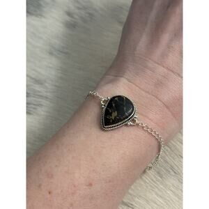 Sterling Silver Black Stallion Turquoise Tear Drop Bracelet Single Stone Stacker